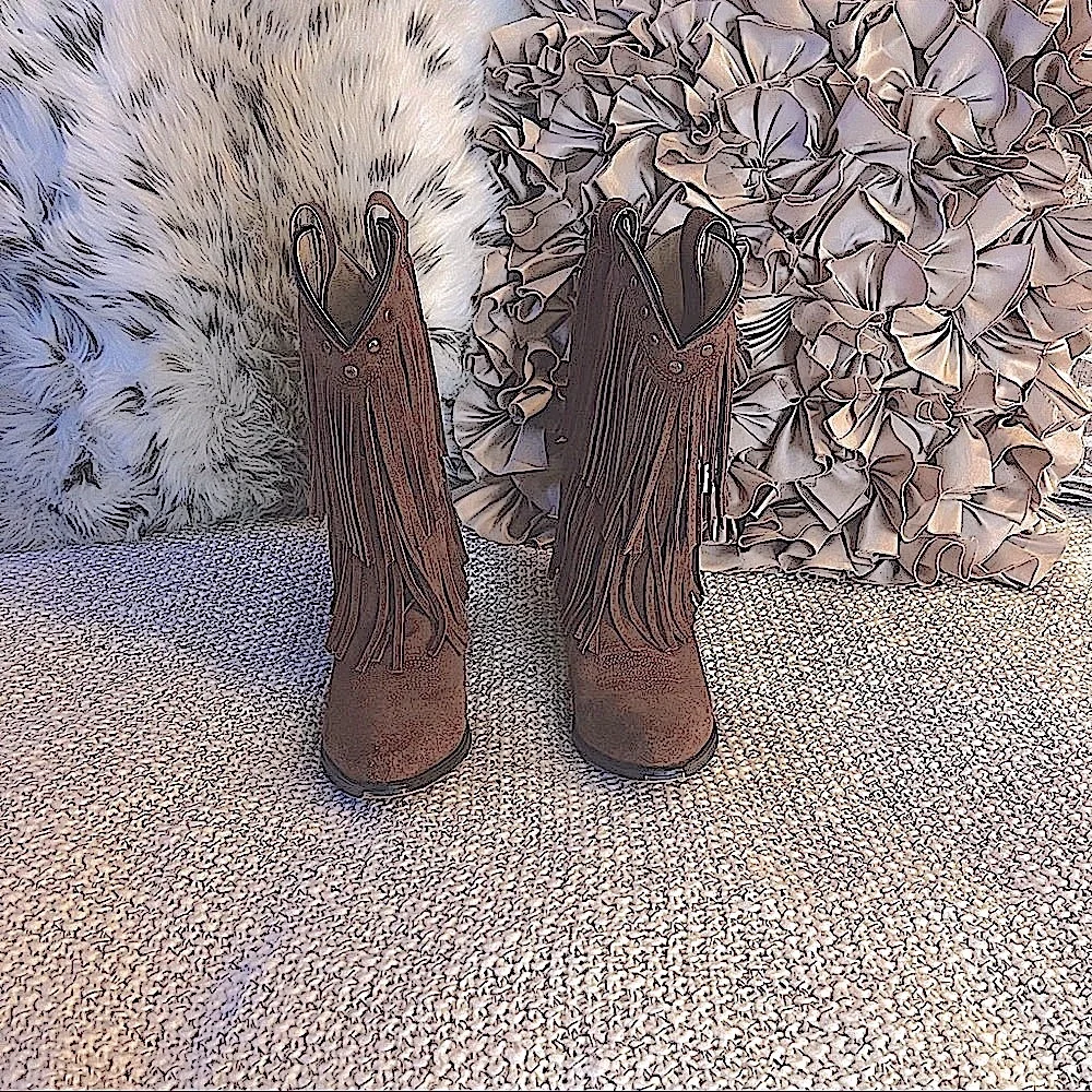 Smoky Mountain Wisteria Suede Studded Kids Brown Western Cowboy Fringe Boots 4